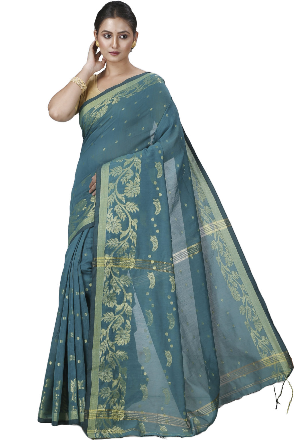 See Green Blended Cotton Turik Hand Loom Saree (1251)