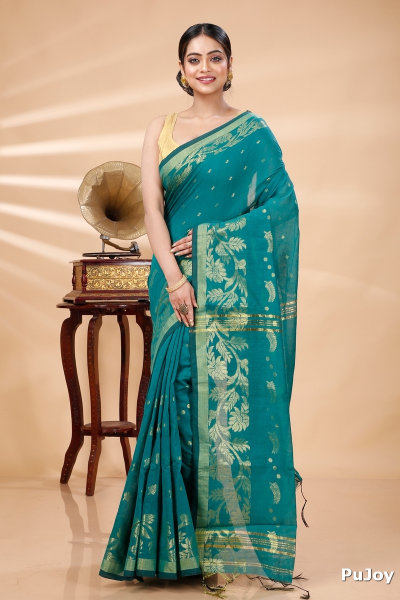 See Green Blended Cotton Turik Hand Loom Saree (1251)
