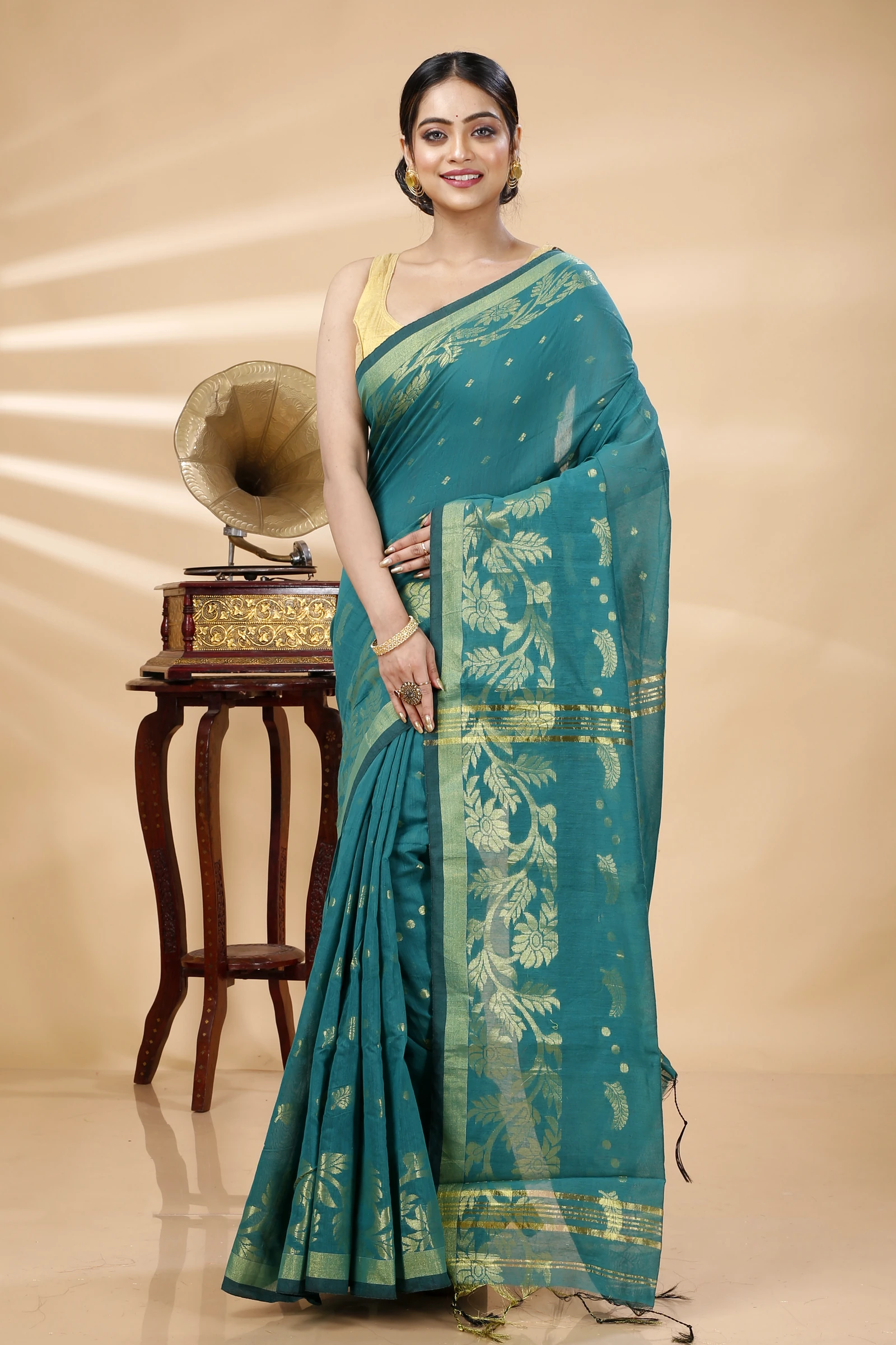 See Green Blended Cotton Turik Hand Loom Saree (1251)