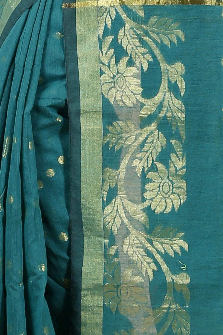 See Green Blended Cotton Turik Hand Loom Saree (1251)