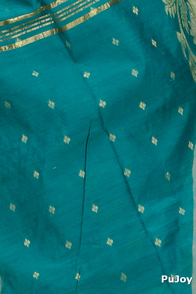 See Green Blended Cotton Turik Hand Loom Saree (1251)