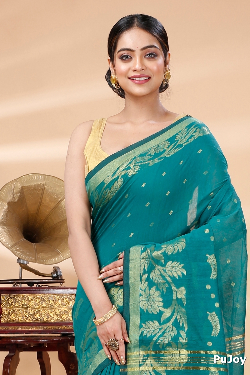 See Green Blended Cotton Turik Hand Loom Saree (1251)