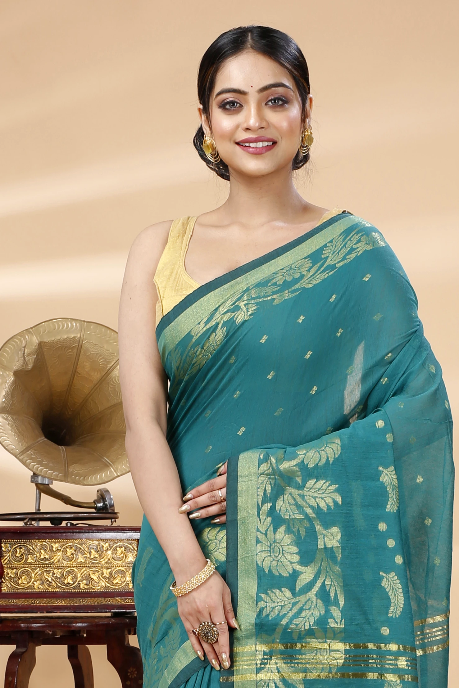 See Green Blended Cotton Turik Hand Loom Saree (1251)