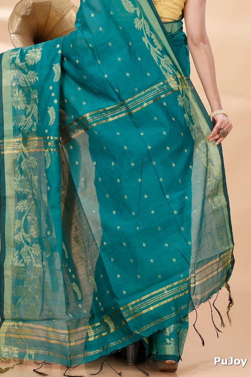 See Green Blended Cotton Turik Hand Loom Saree (1251)