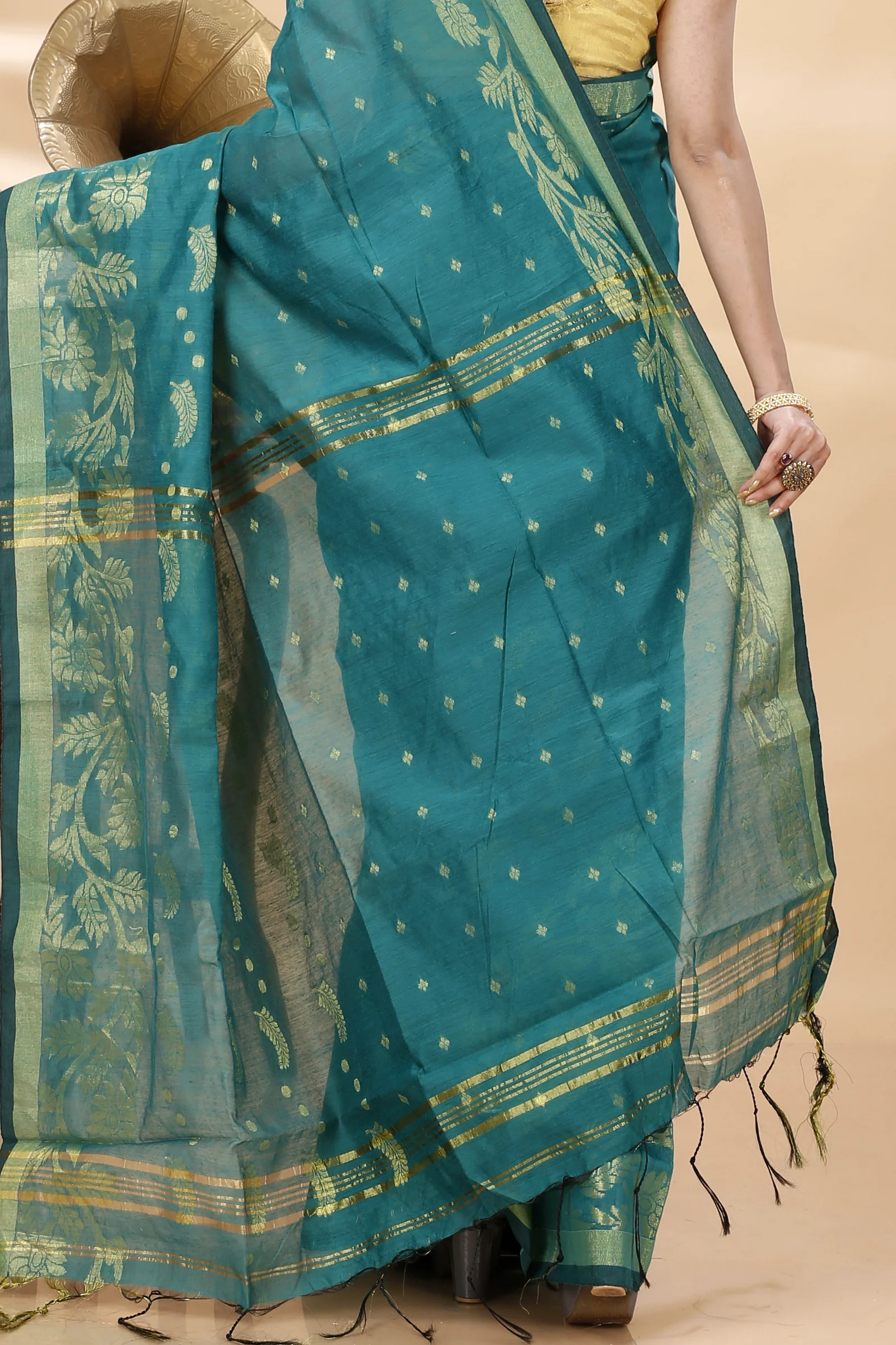See Green Blended Cotton Turik Hand Loom Saree (1251)