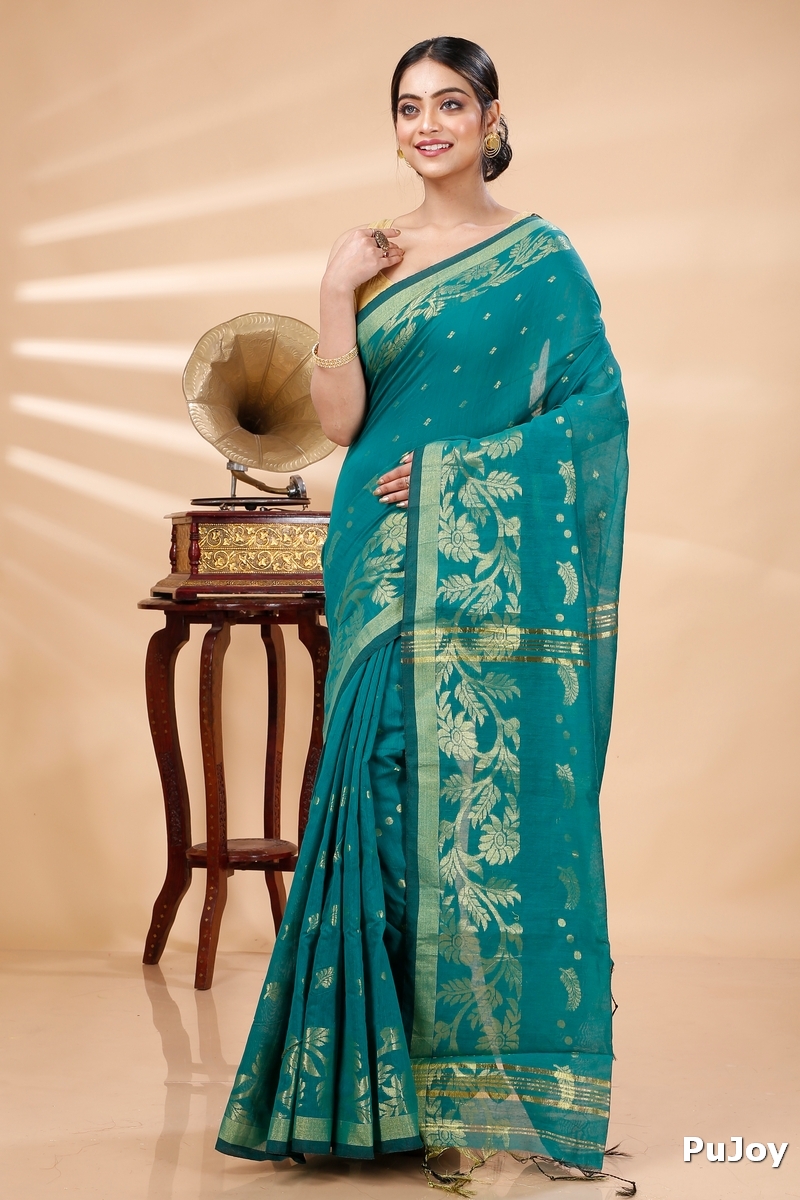 See Green Blended Cotton Turik Hand Loom Saree (1251)