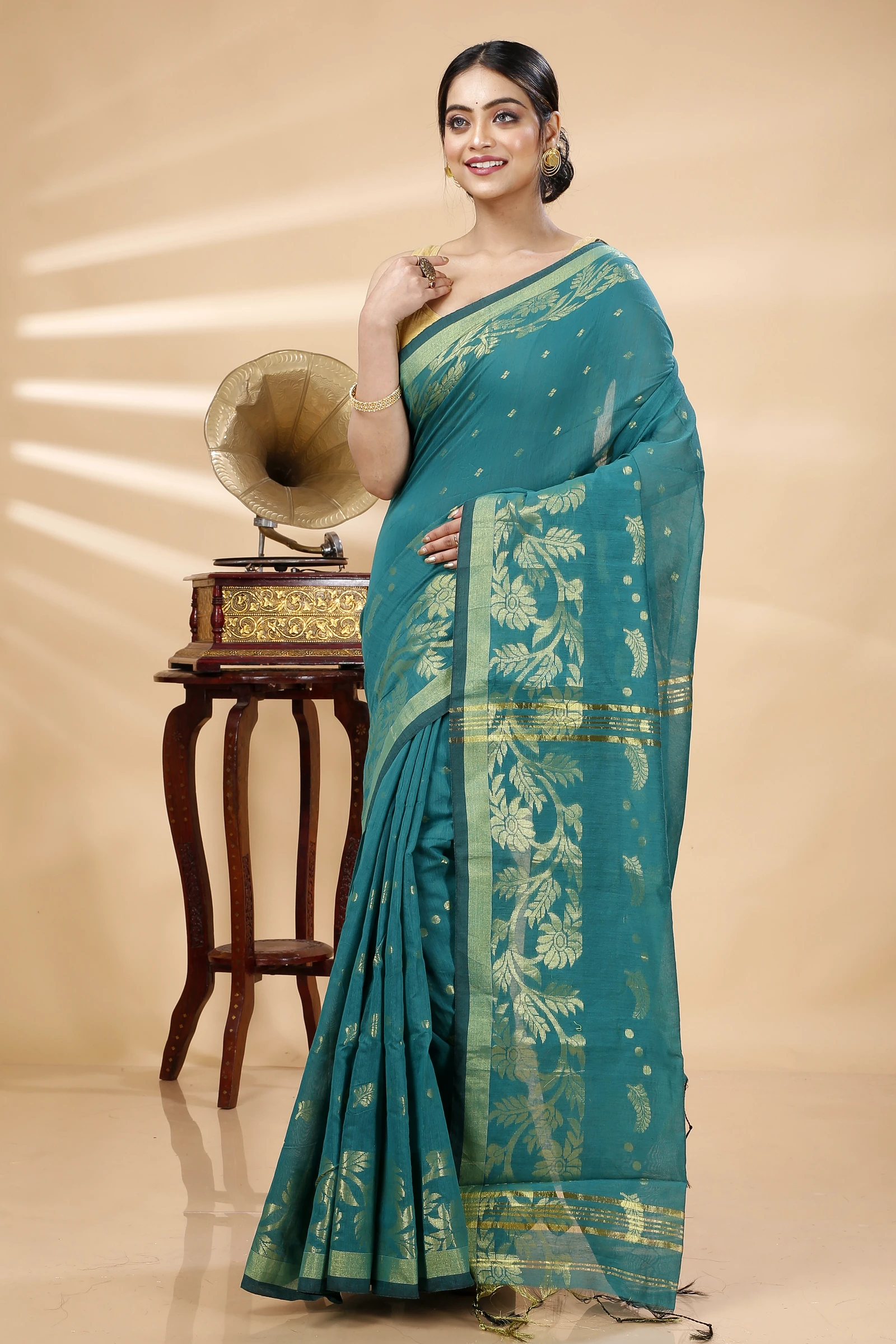 See Green Blended Cotton Turik Hand Loom Saree (1251)