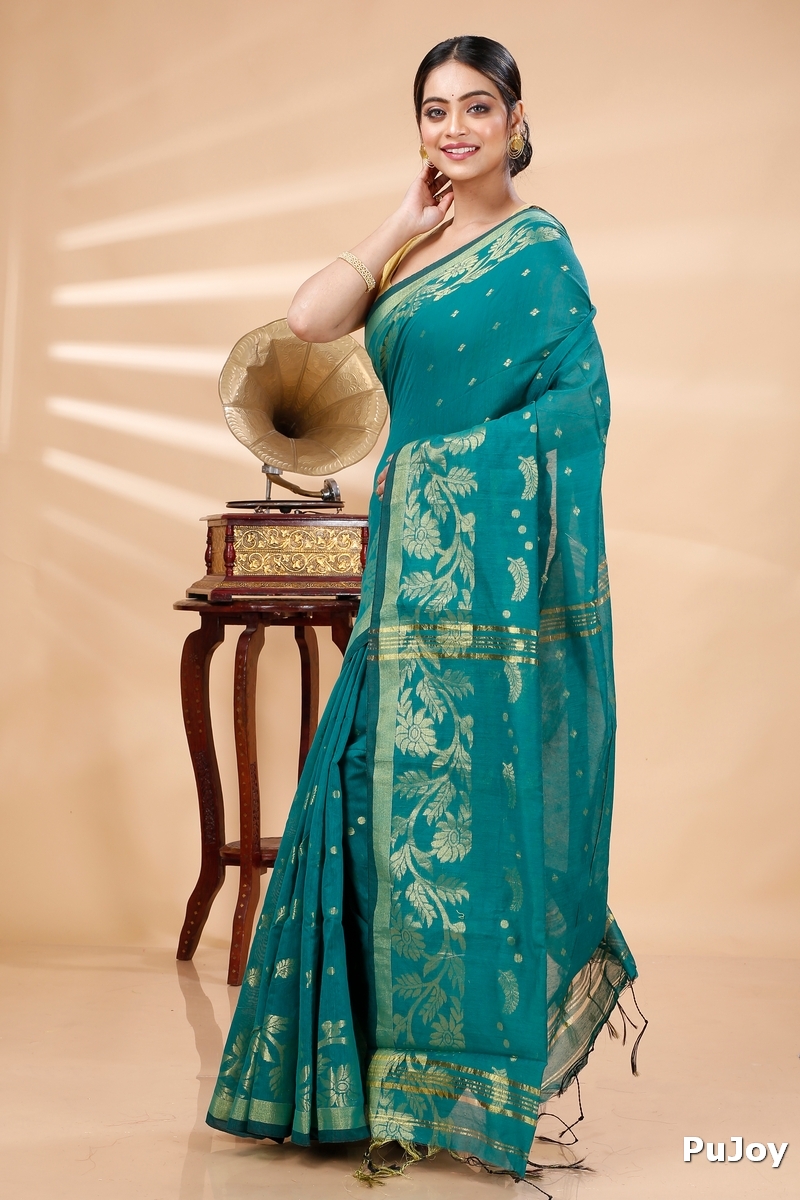See Green Blended Cotton Turik Hand Loom Saree (1251)