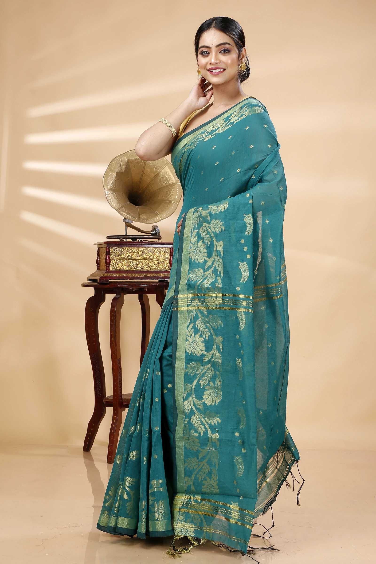 See Green Blended Cotton Turik Hand Loom Saree (1251)