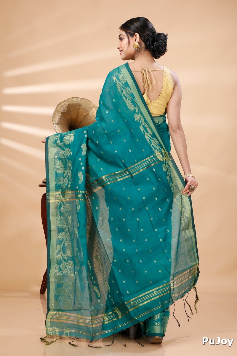 See Green Blended Cotton Turik Hand Loom Saree (1251)
