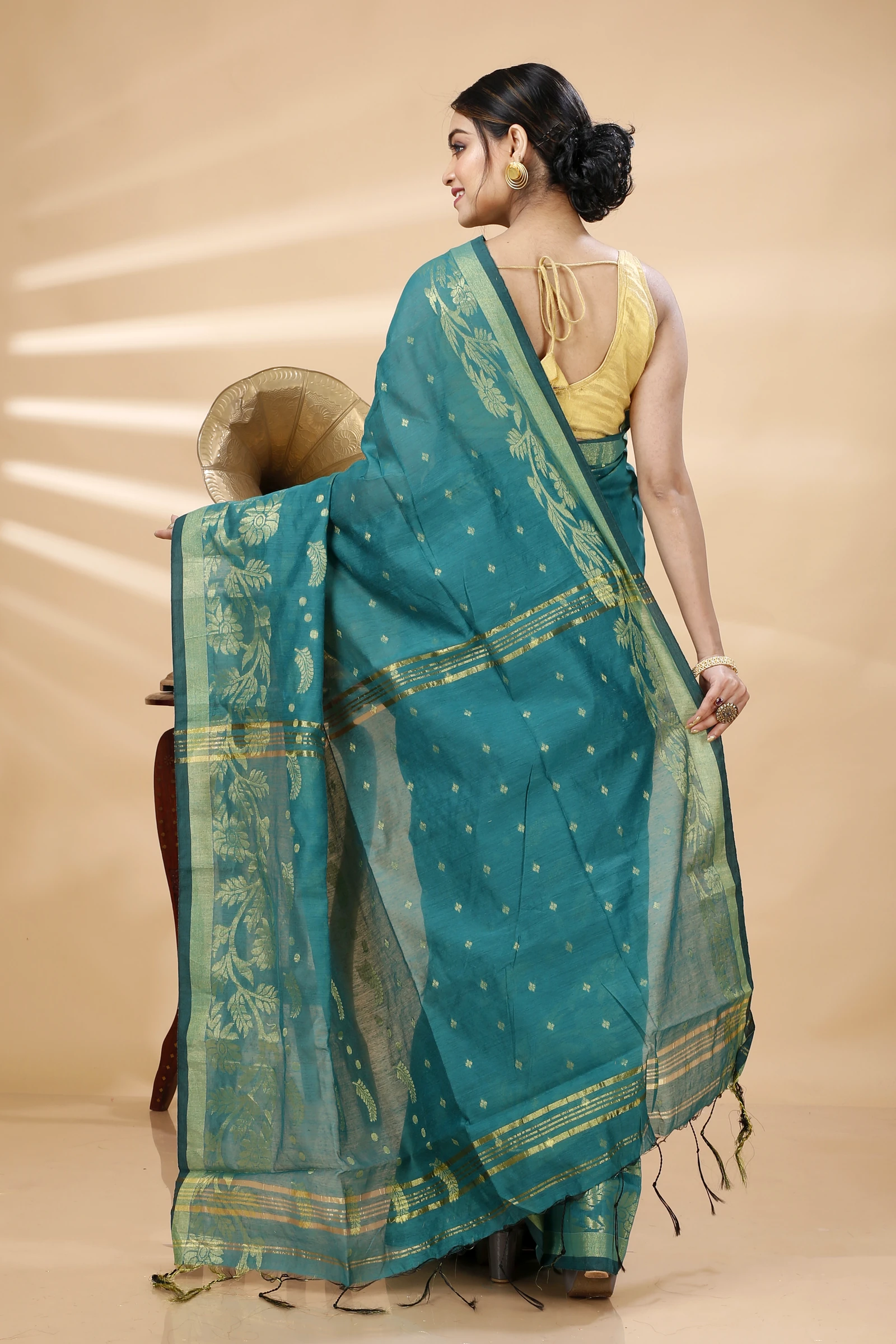 See Green Blended Cotton Turik Hand Loom Saree (1251)
