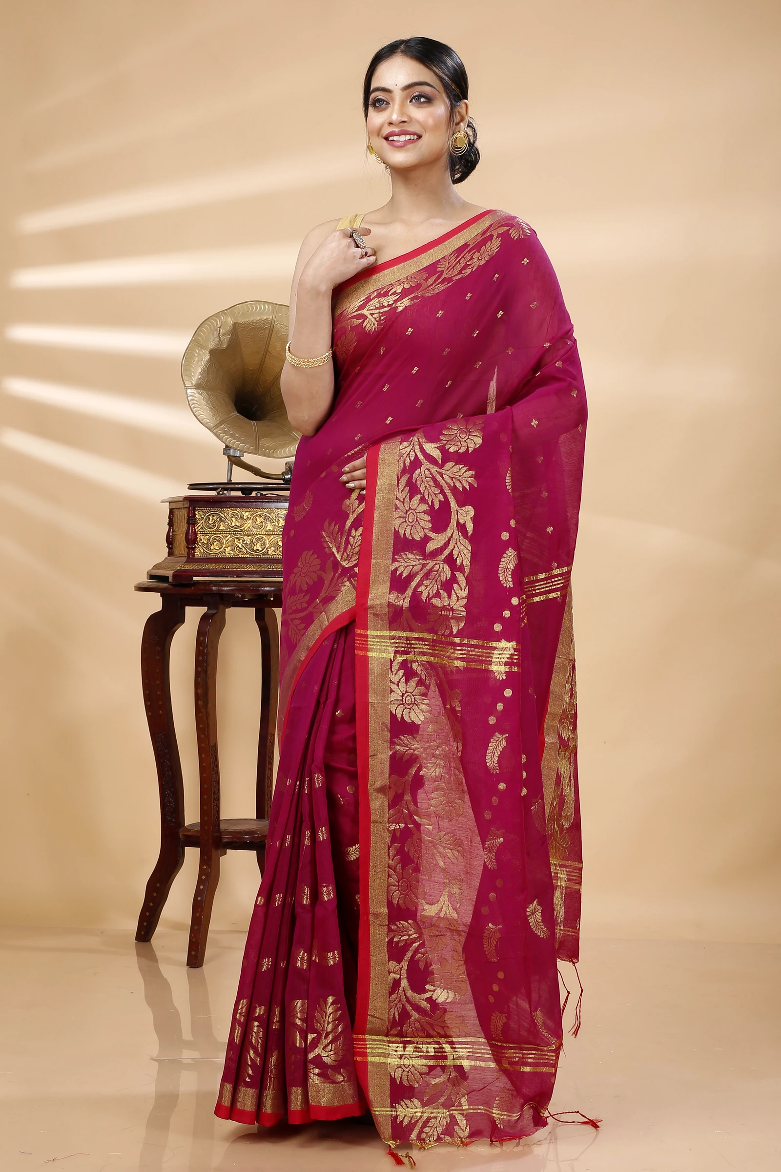 Maroon Blended Cotton Turik Hand Loom Saree (1252)