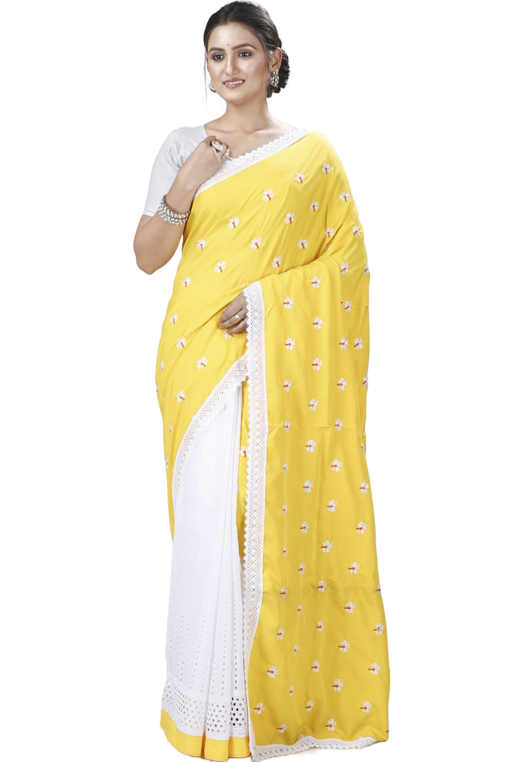 Yellow White Pure Cotton LalPori Hand Loom Saree (1253)