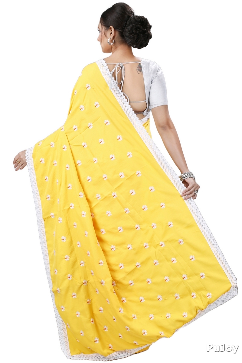 Yellow White Pure Cotton LalPori Hand Loom Saree (1253)