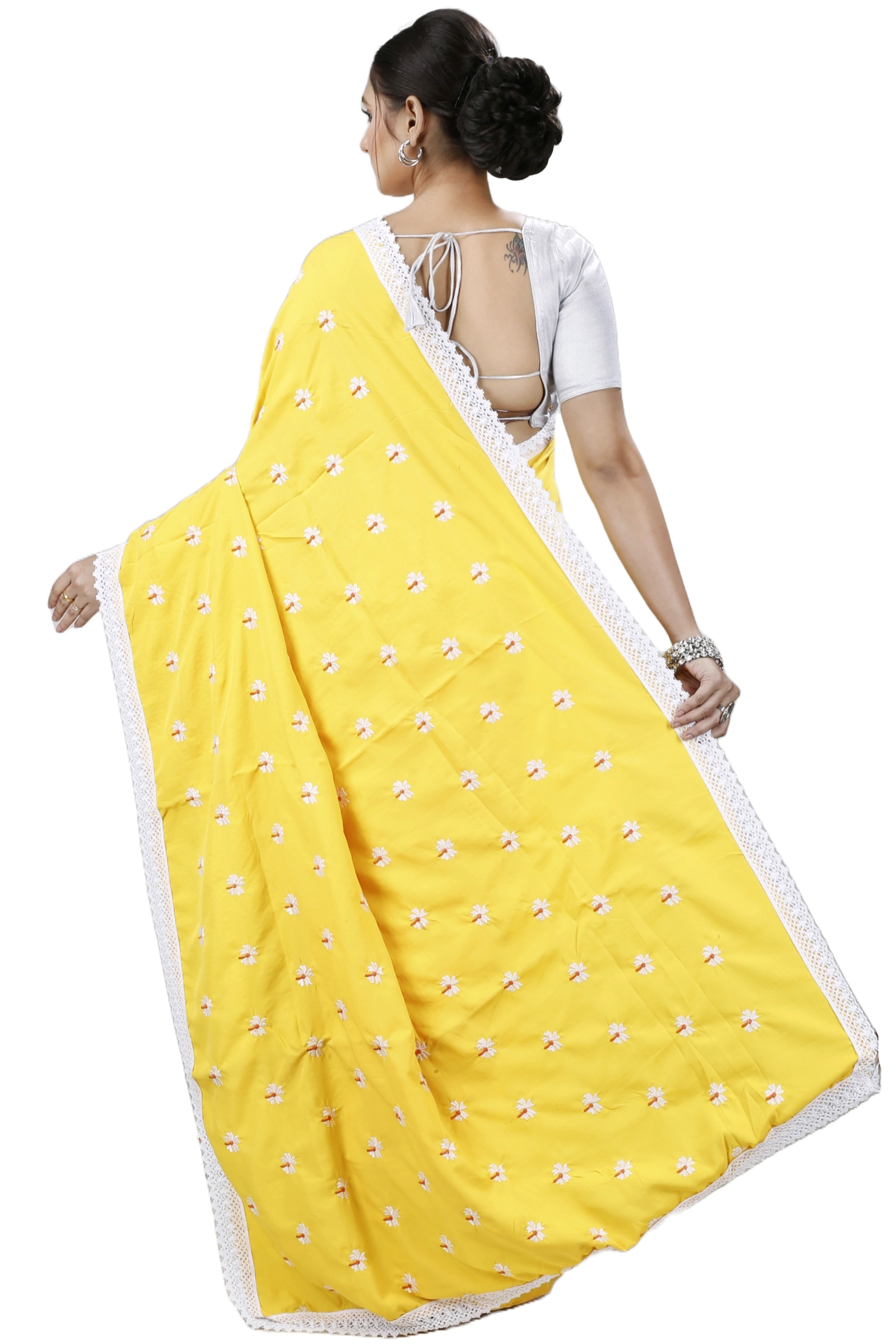 Yellow White Pure Cotton LalPori Hand Loom Saree (1253)