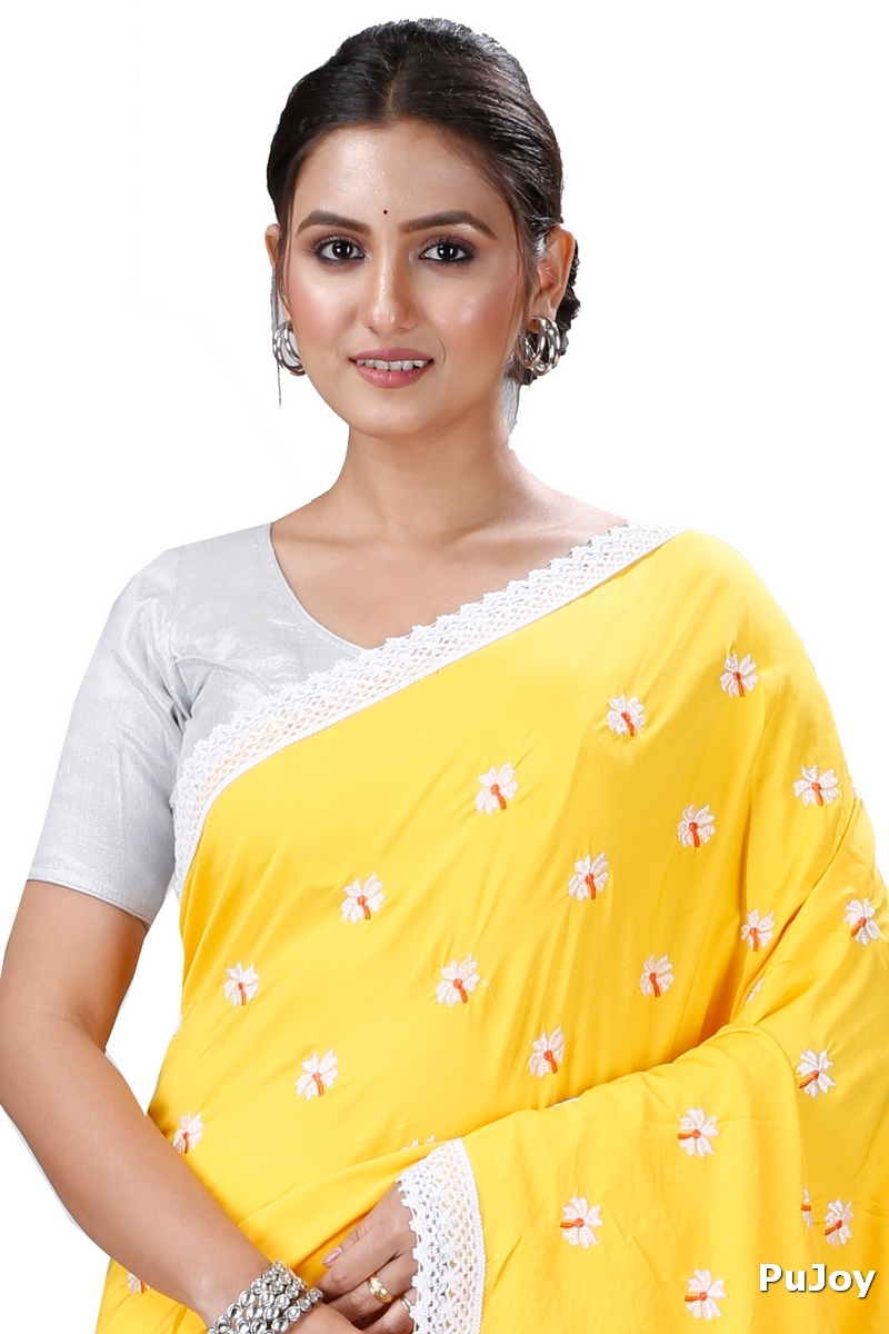 Yellow White Pure Cotton LalPori Hand Loom Saree (1253)