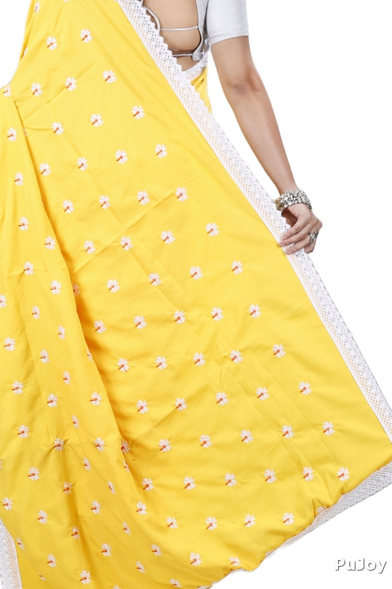 Yellow White Pure Cotton LalPori Hand Loom Saree (1253)