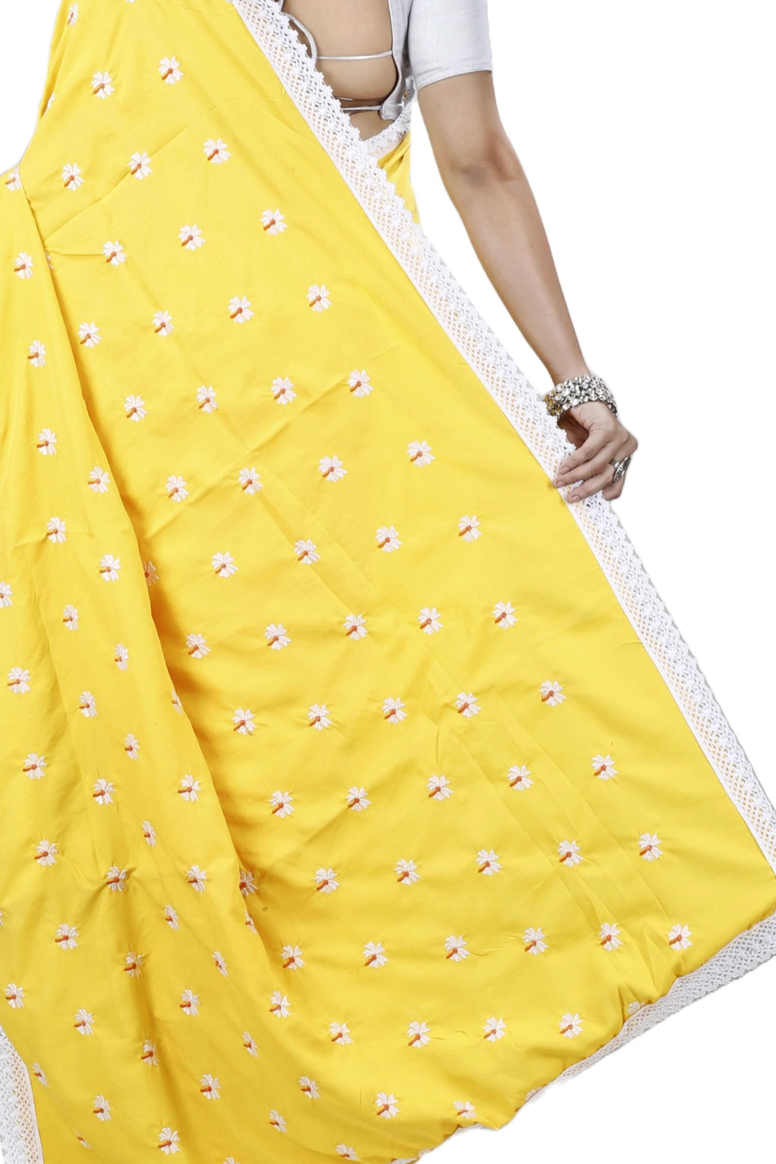 Yellow White Pure Cotton LalPori Hand Loom Saree (1253)