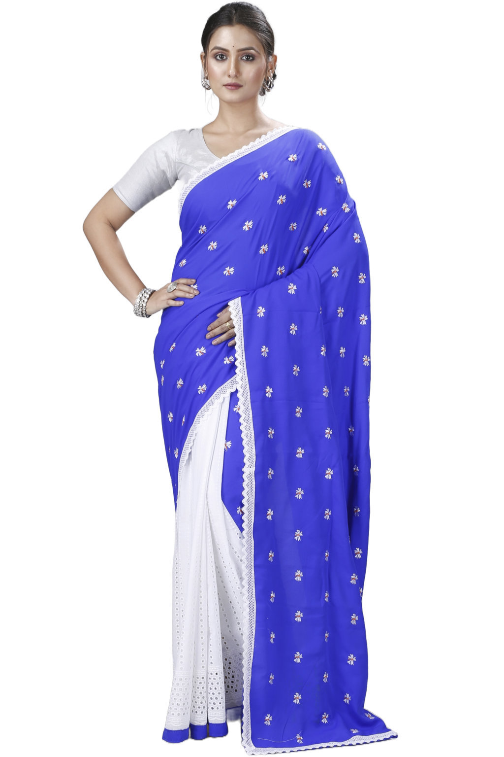 Blue White Pure Cotton LalPori Hand Loom Saree (1254)