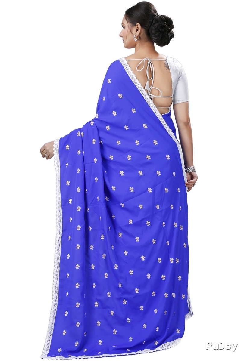 Blue White Pure Cotton LalPori Hand Loom Saree (1254)