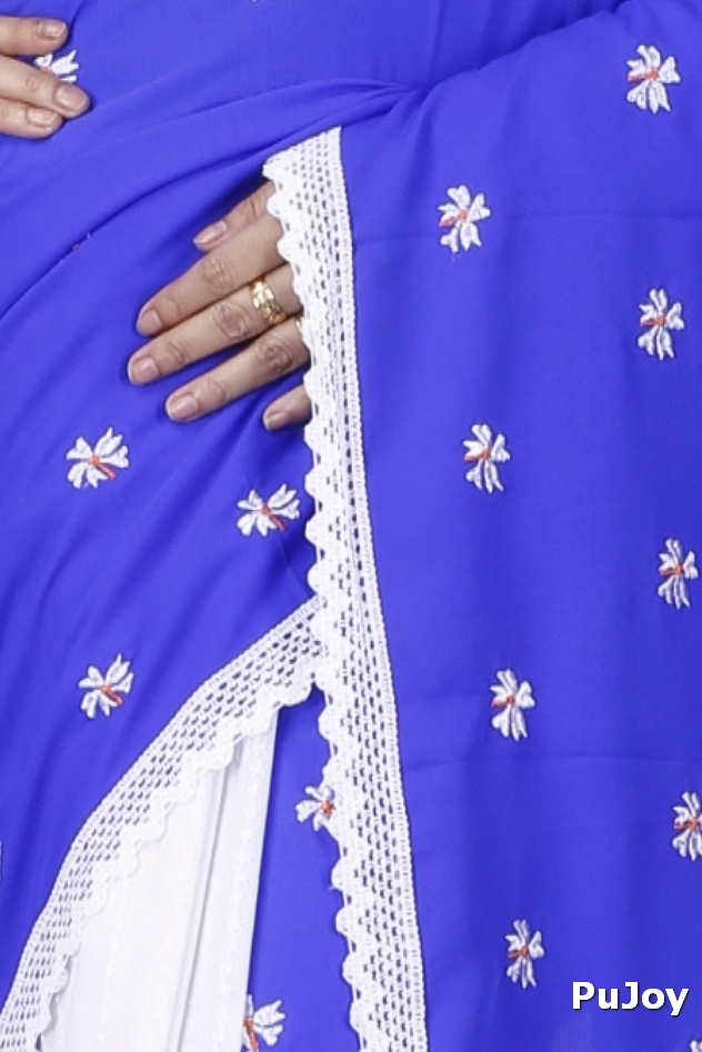 Blue White Pure Cotton LalPori Hand Loom Saree (1254)