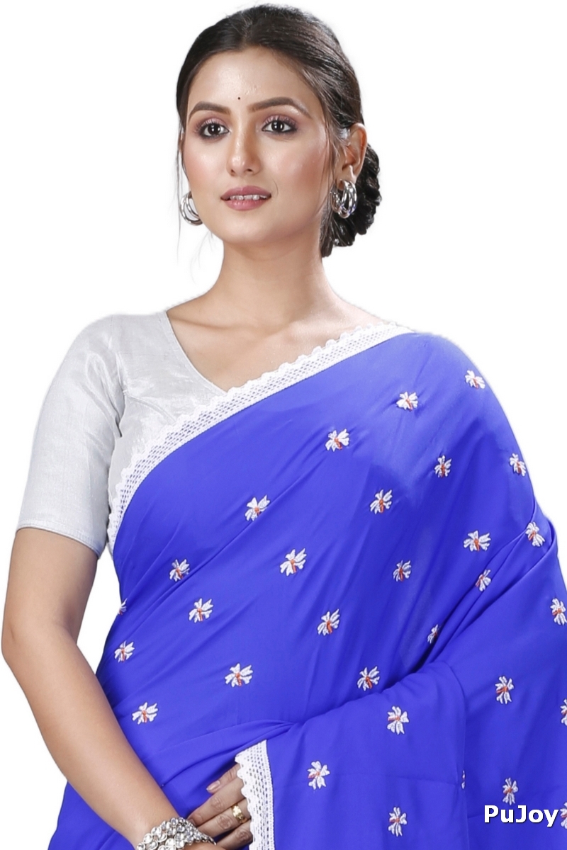 Blue White Pure Cotton LalPori Hand Loom Saree (1254)