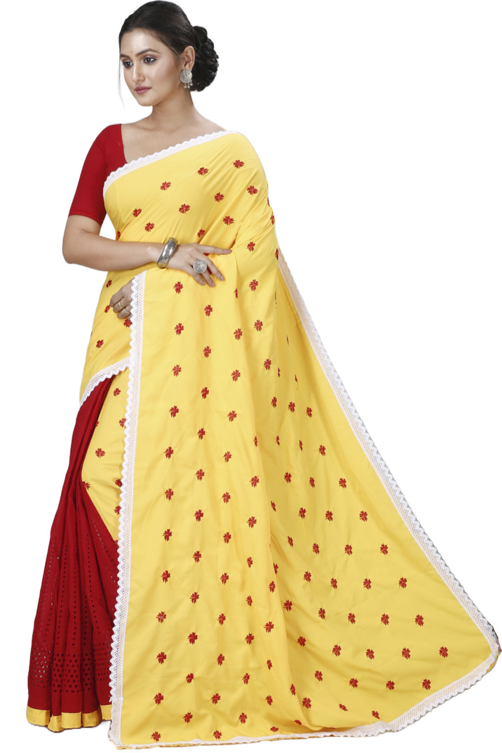 Yellow Red Pure Cotton LalPori Hand Loom Saree (1255)