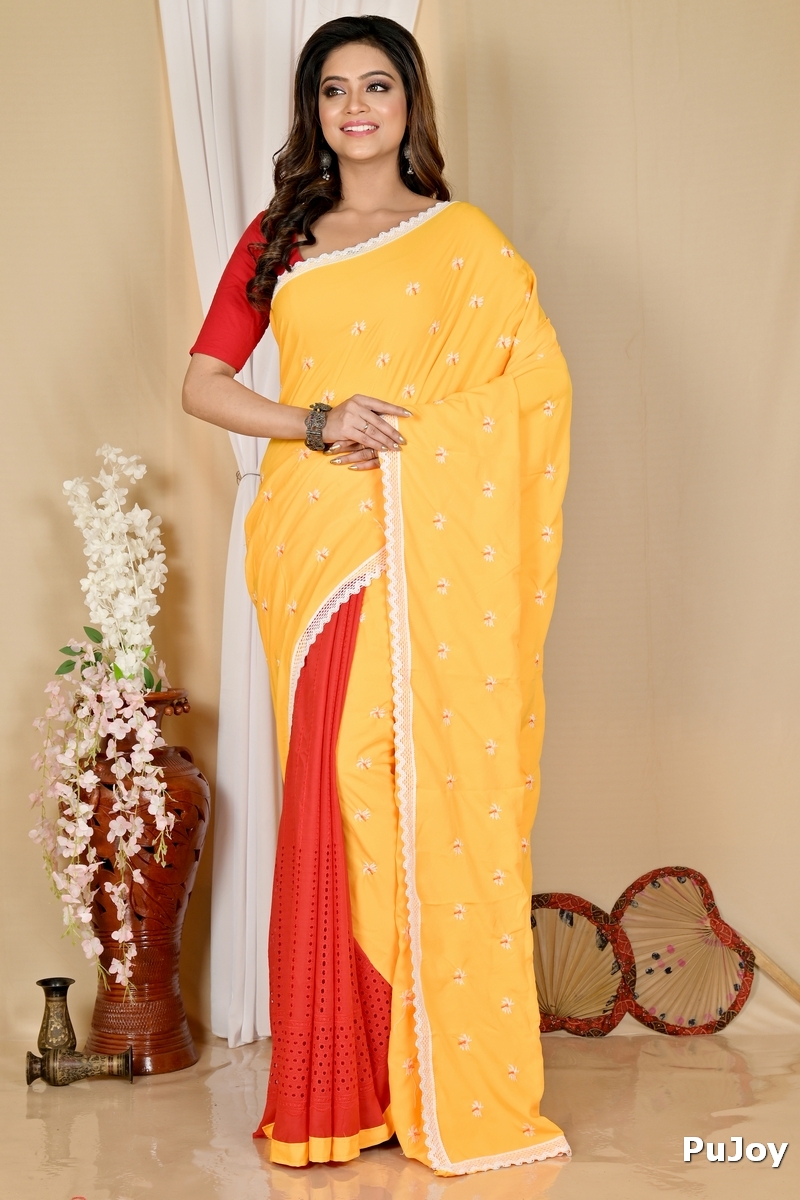 Yellow Red Pure Cotton LalPori Hand Loom Saree (1255)