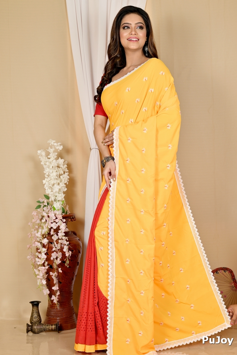 Yellow Red Pure Cotton LalPori Hand Loom Saree (1255)