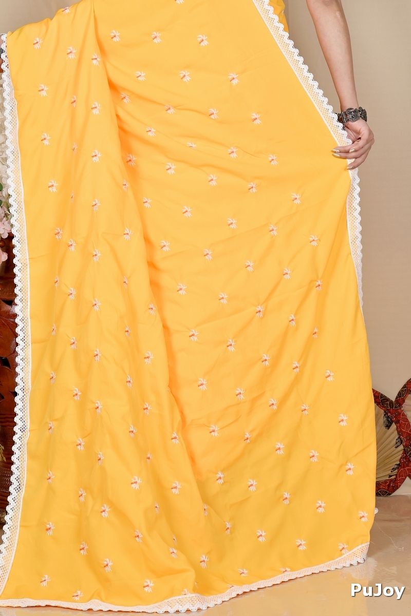 Yellow Red Pure Cotton LalPori Hand Loom Saree (1255)