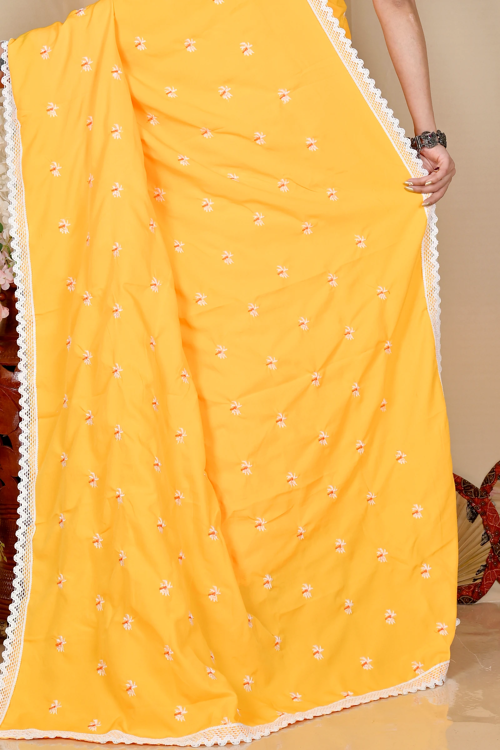Yellow Red Pure Cotton LalPori Hand Loom Saree (1255)