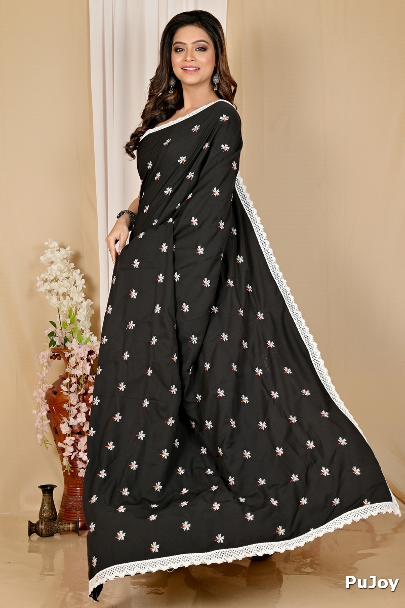 Black White Pure Cotton LalPori Hand Loom Saree (1256)