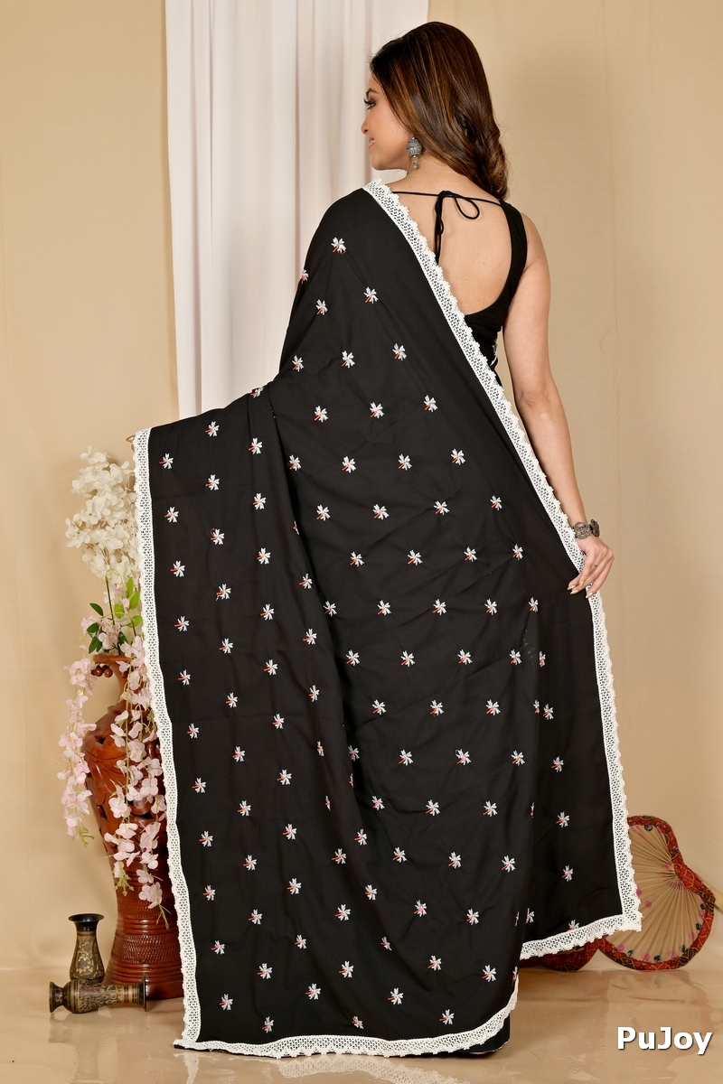 Black White Pure Cotton LalPori Hand Loom Saree (1256)
