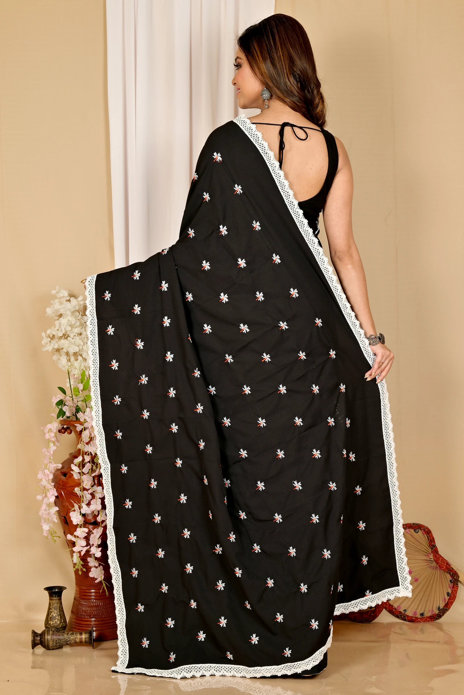 Black White Pure Cotton LalPori Hand Loom Saree (1256)