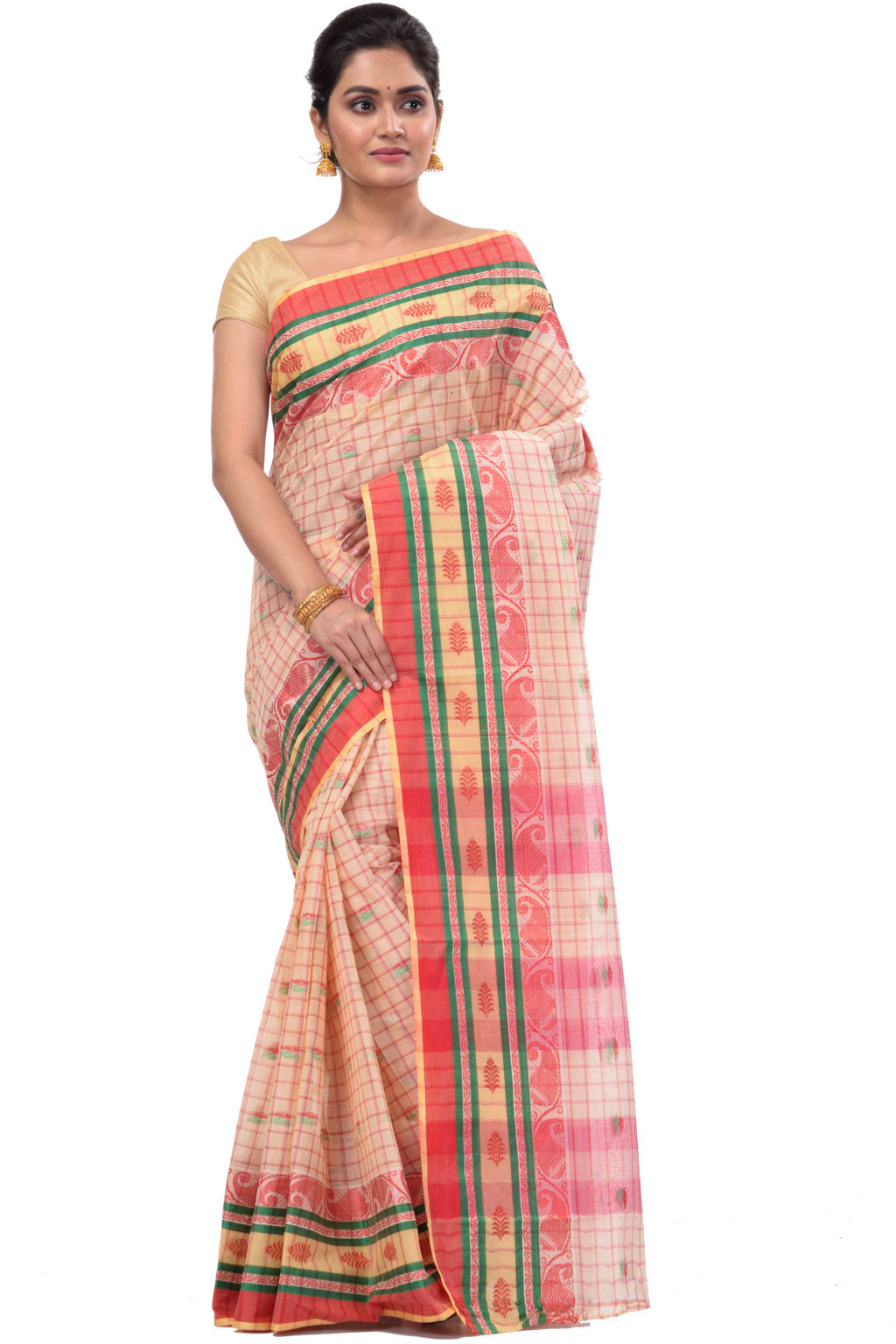 White Pure Cotton ChakButi Tant Saree (126)