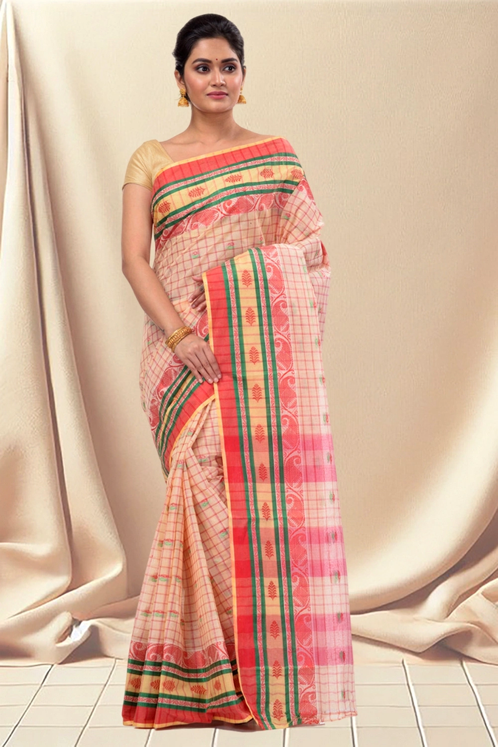 White Pure Cotton ChakButi Tant Saree (126)
