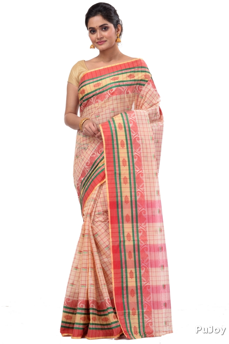 White Pure Cotton ChakButi Tant Saree (126)