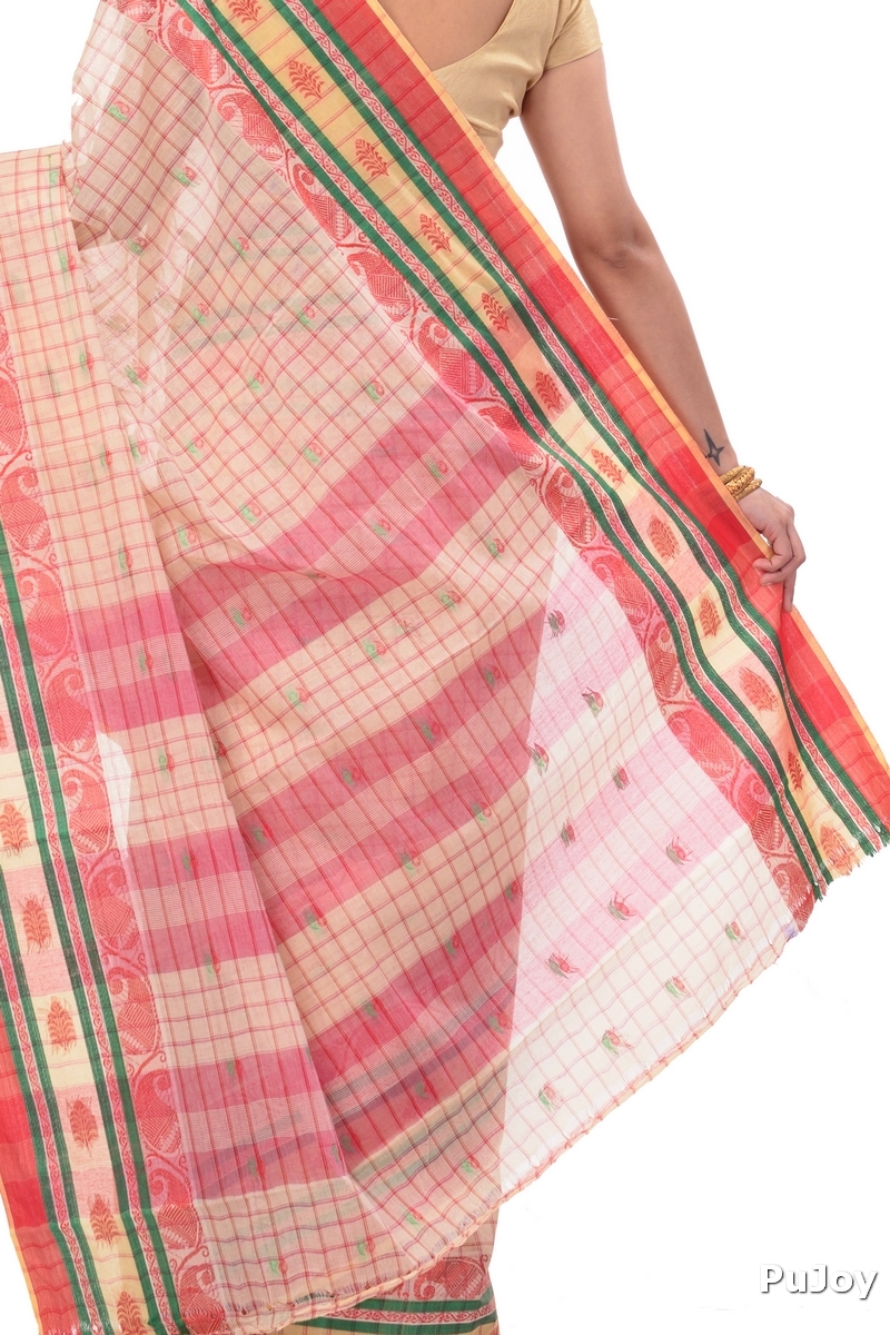 White Pure Cotton ChakButi Tant Saree (126)
