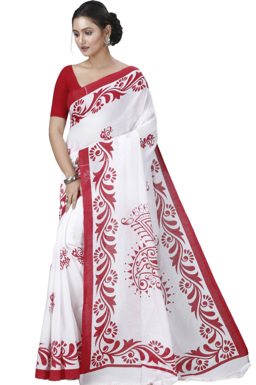 White Pure Cotton Teba Printed Handloom Saree (1261)