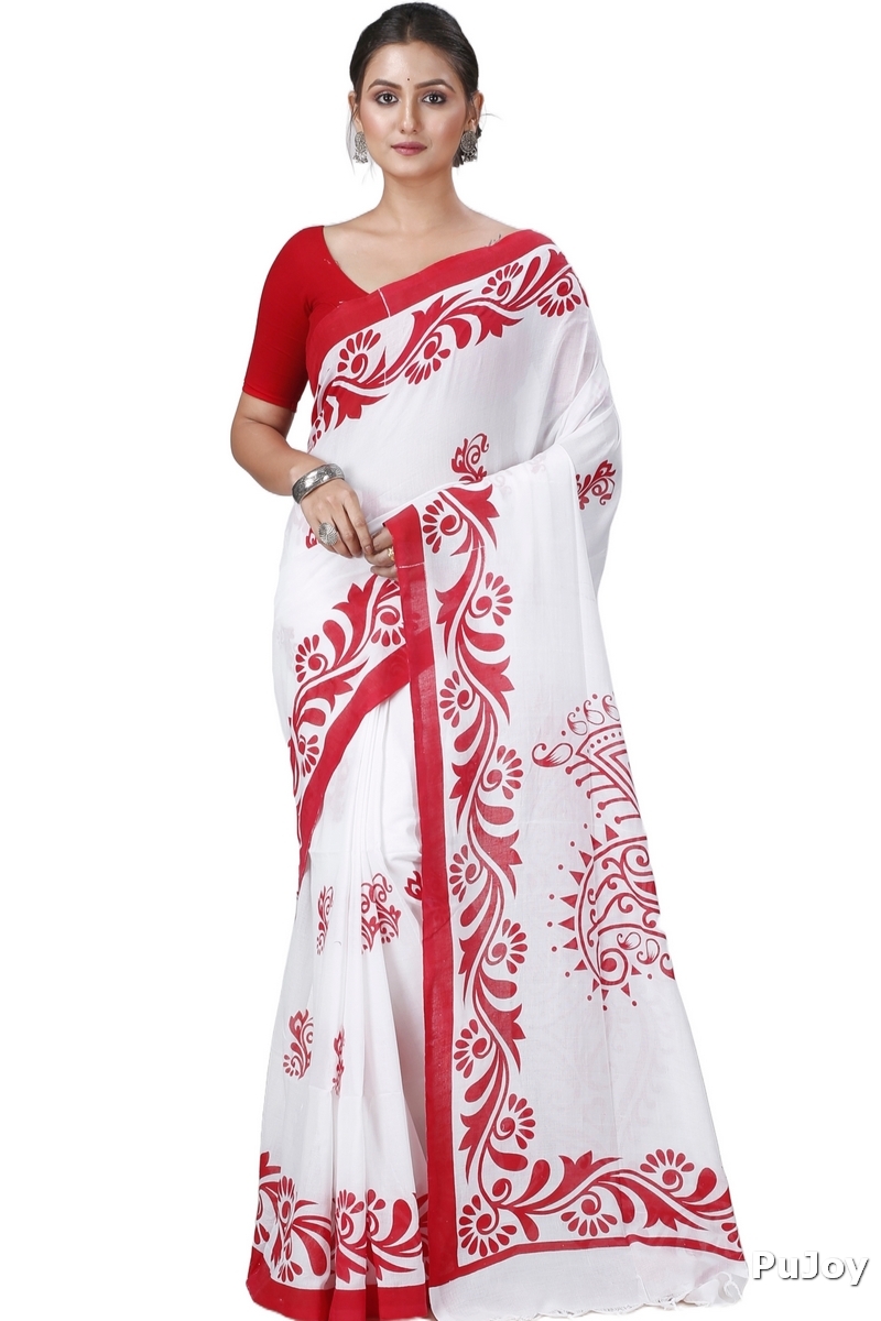 White Pure Cotton Teba Printed Handloom Saree (1261)