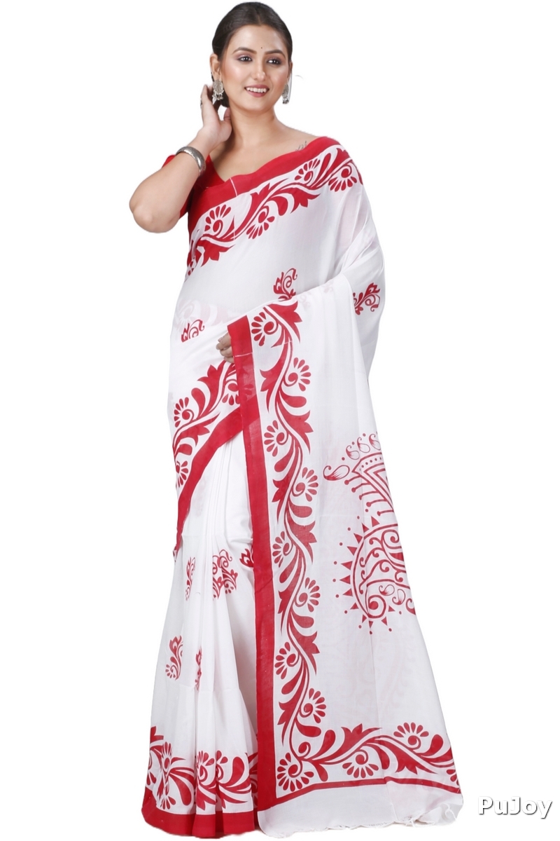 White Pure Cotton Teba Printed Handloom Saree (1261)