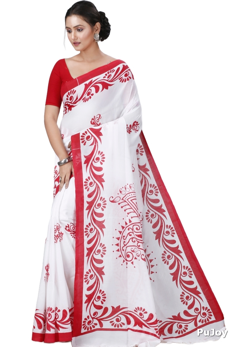 White Pure Cotton Teba Printed Handloom Saree (1261)