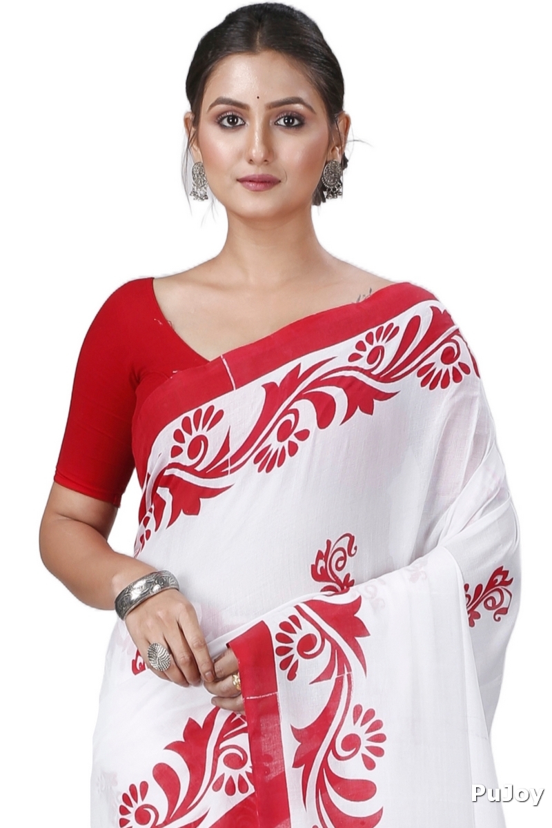 White Pure Cotton Teba Printed Handloom Saree (1261)