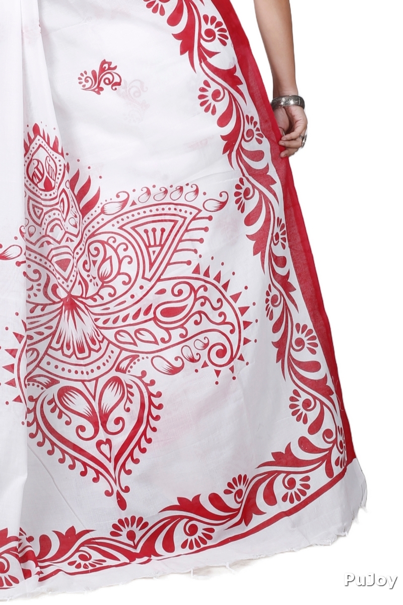 White Pure Cotton Teba Printed Handloom Saree (1261)