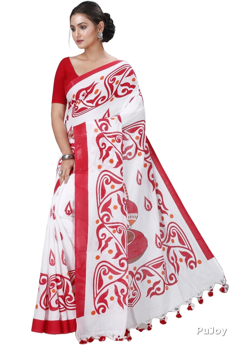 Red White Pure Cotton Teba Printed Handloom Saree (1262)