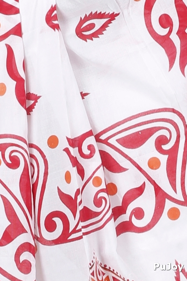 Red White Pure Cotton Teba Printed Handloom Saree (1262)