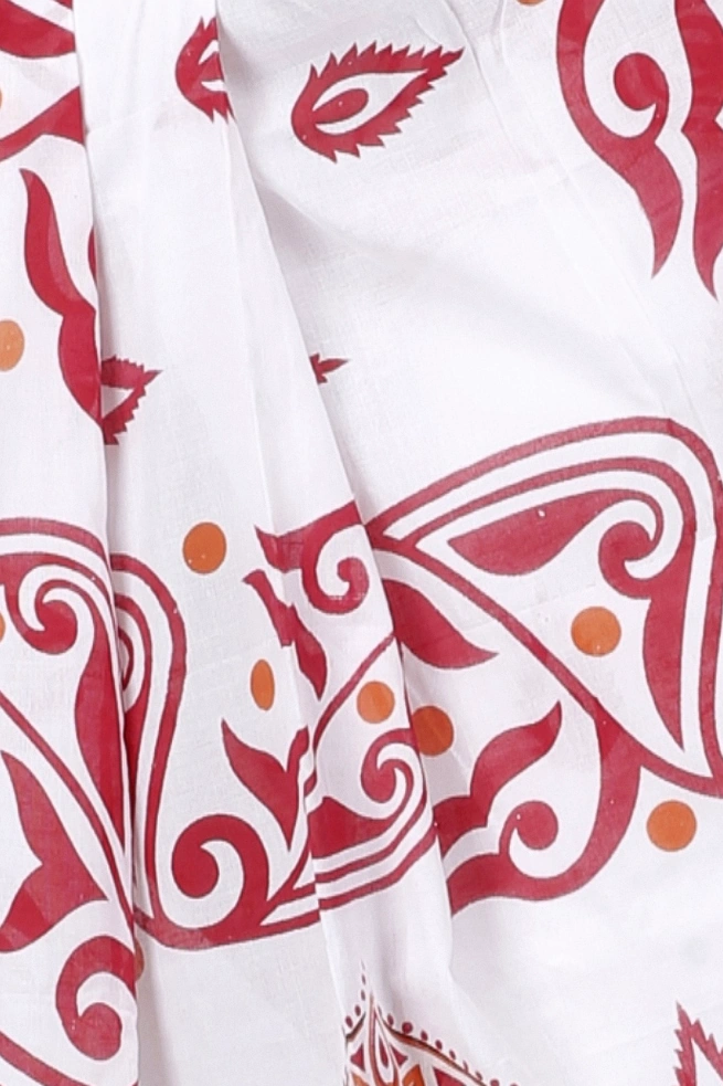 Red White Pure Cotton Teba Printed Handloom Saree (1262)