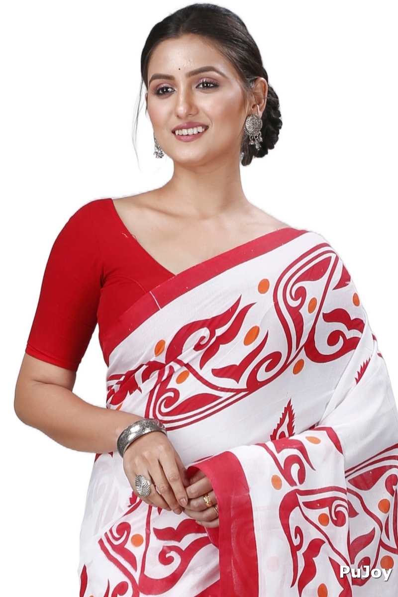 Red White Pure Cotton Teba Printed Handloom Saree (1262)