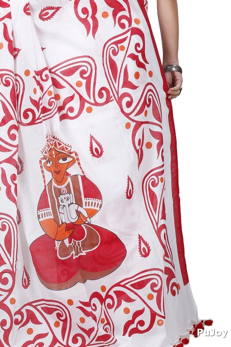 Red White Pure Cotton Teba Printed Handloom Saree (1262)