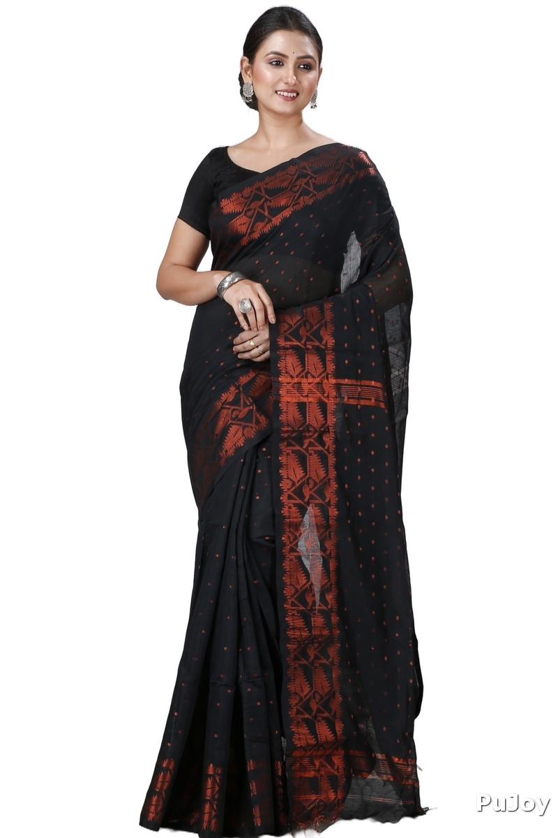 Black Blended Cotton Temo Hand Loom Saree (1264)